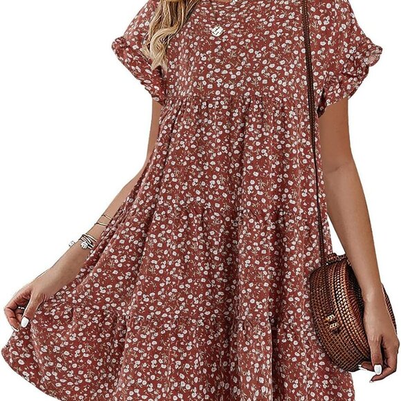 Dresses & Skirts - Womens Ruffles Boho Floral Printed Babydoll Loose Swing Casual Short Mini T-Shir